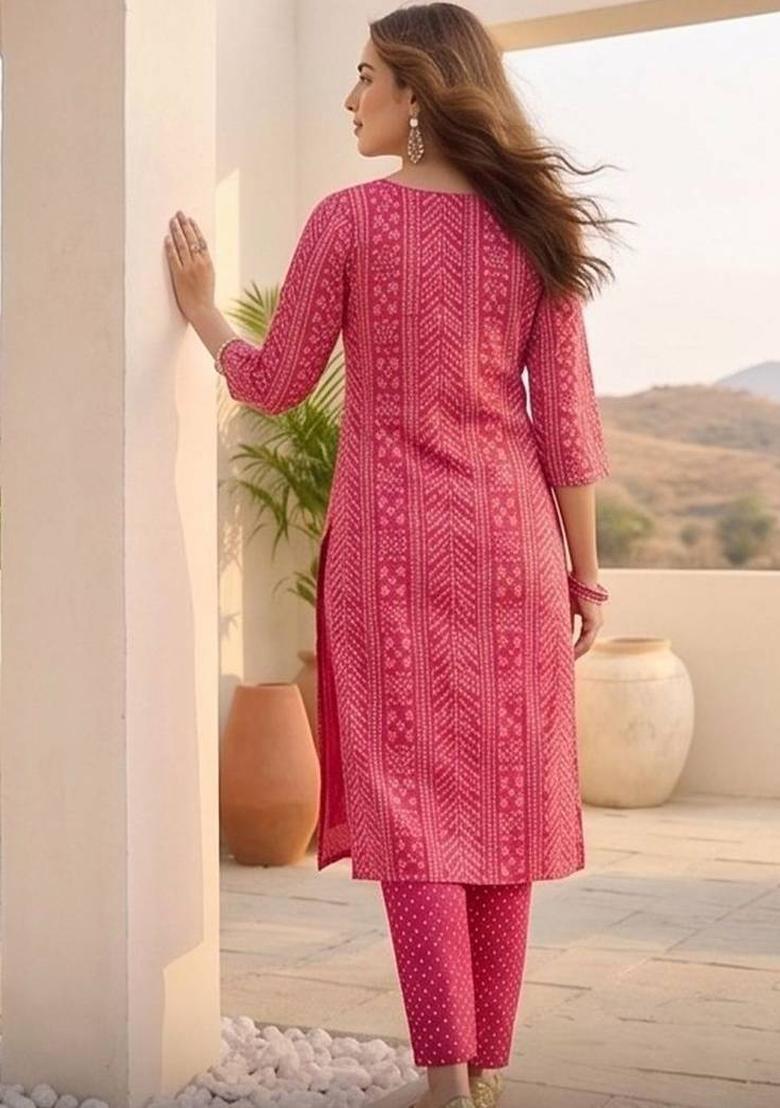 Pink Floral Print Cotton Kurta Set - Indya