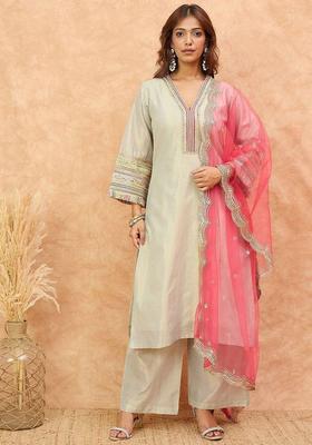 White Solid Silk Kurta Set
