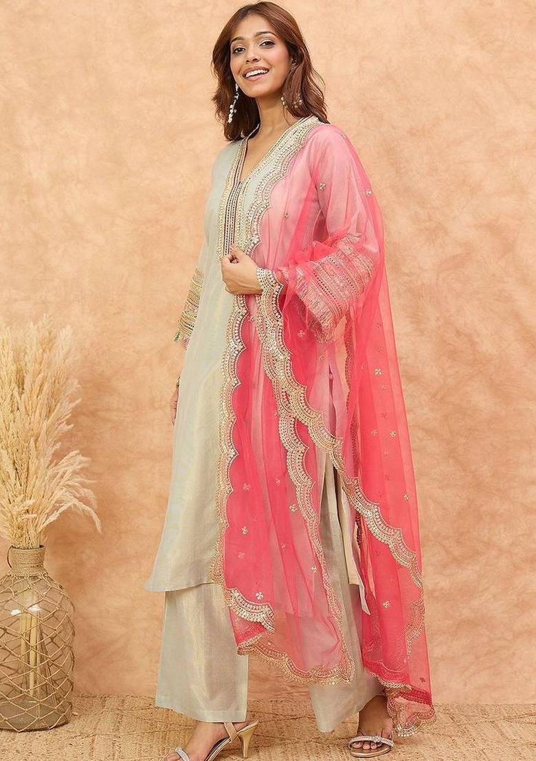 White Solid Silk Kurta Set - Indya