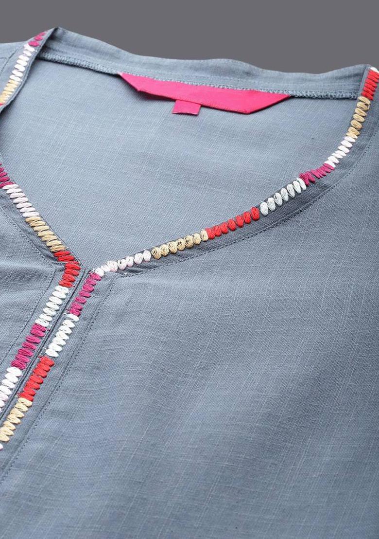 Grey Thread Work Cotton Kurta Set - Indya