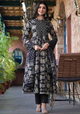 Black Floral Print Cotton Kurta Set