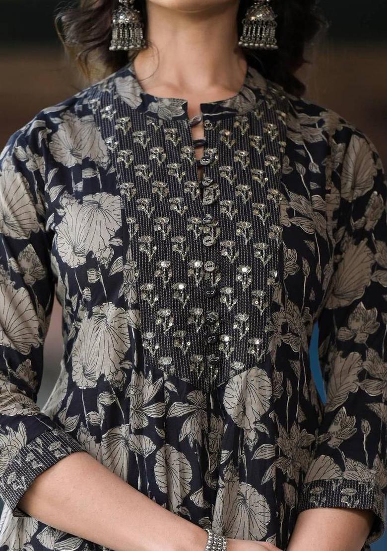 Black Floral Print Cotton Kurta Set - Indya