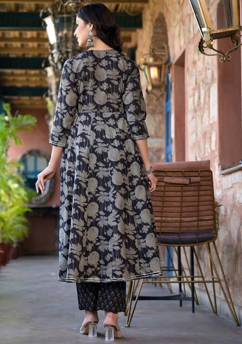 Black Floral Print Cotton Kurta Set - Indya
