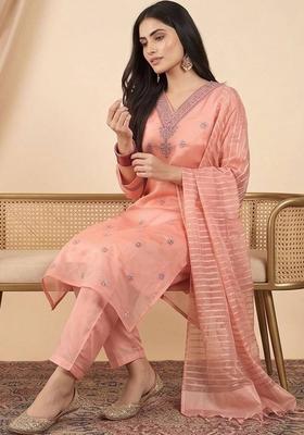 Peach Embroidery Silk Kurta Set