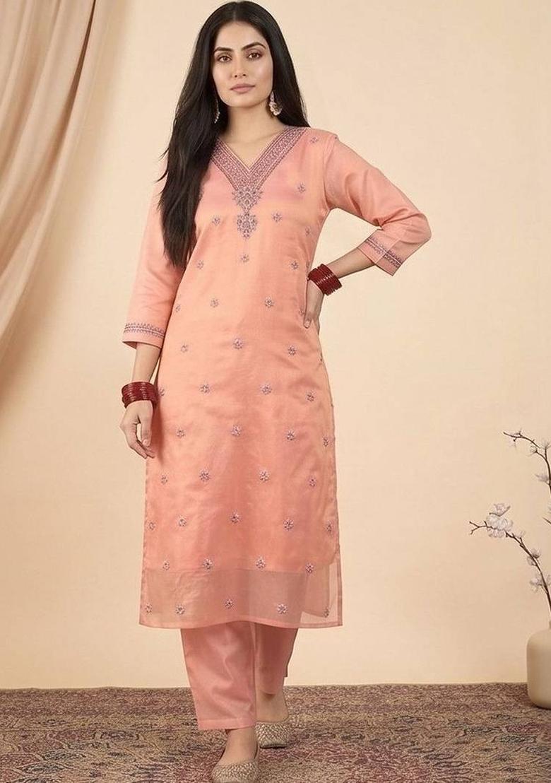Peach Embroidery Silk Kurta Set - Indya