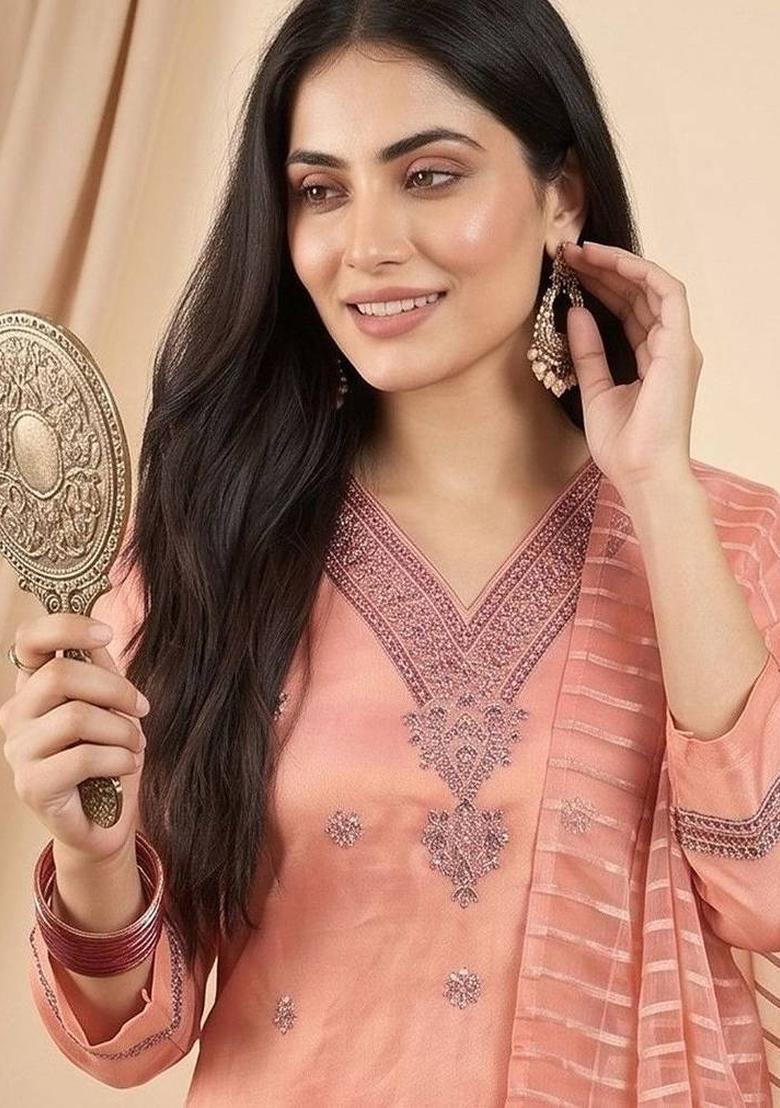 Peach Embroidery Silk Kurta Set - Indya
