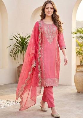 Pink Embroidery Silk Kurta Set