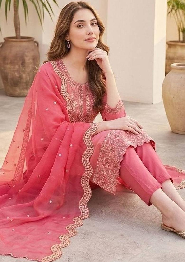 Pink Embroidery Silk Kurta Set - Indya