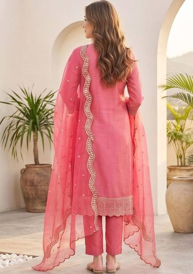 Pink Embroidery Silk Kurta Set - Indya