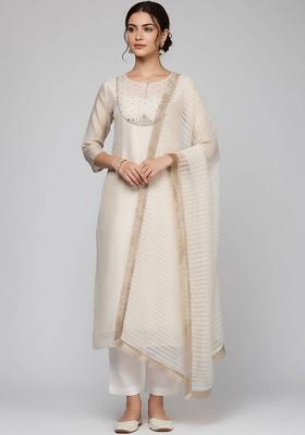 Off White Thread Work Silk Kurta Set