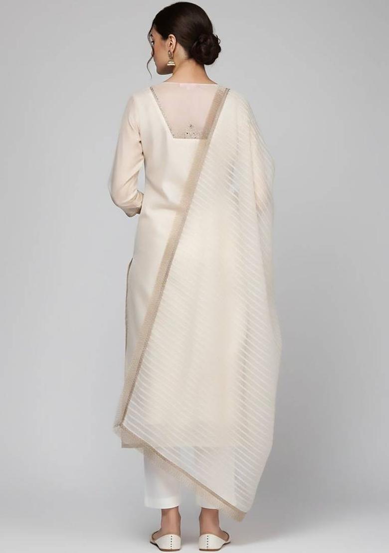 Off White Thread Work Silk Kurta Set - Indya