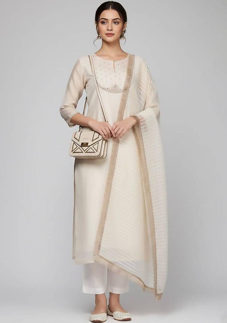 Off White Thread Work Silk Kurta Set - Indya