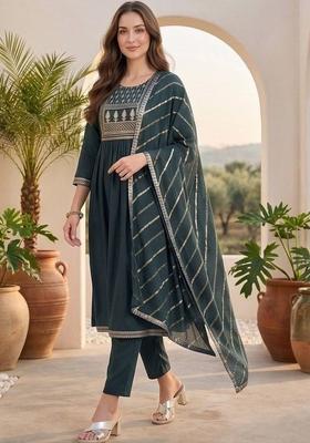 Teal Embroidery Rayon Kurta Set