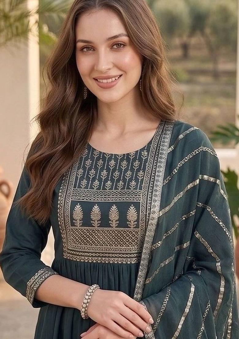 Teal Embroidery Rayon Kurta Set - Indya