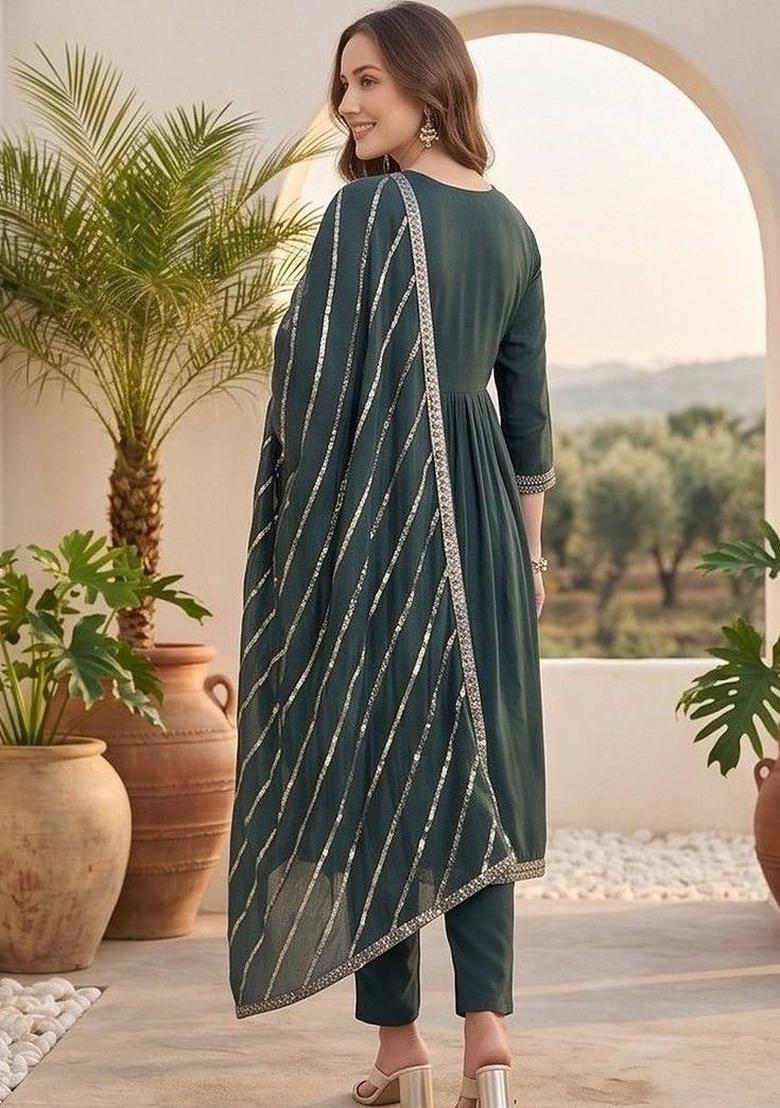 Teal Embroidery Rayon Kurta Set - Indya