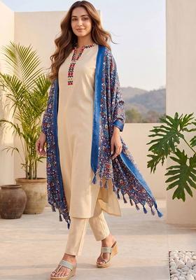 Beige Embroidery Cotton Kurta Set
