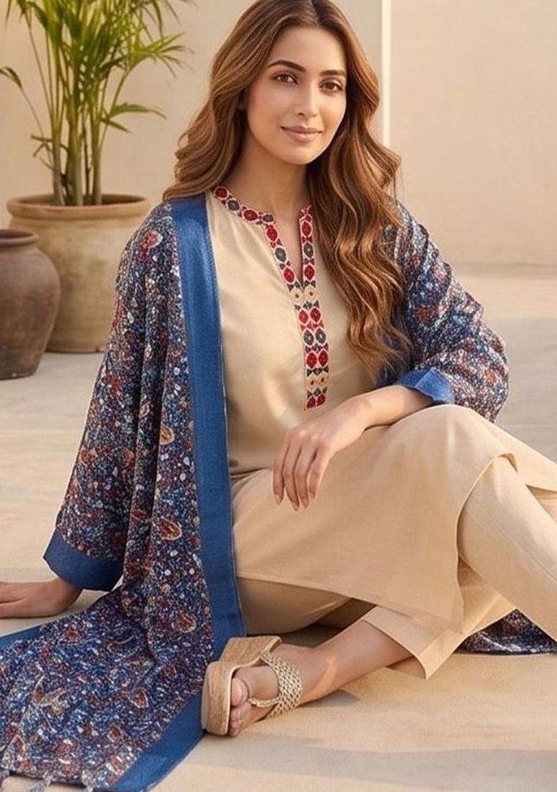 Beige Embroidery Cotton Kurta Set - Indya