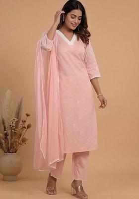Pink Embroidery Cotton Kurta Set
