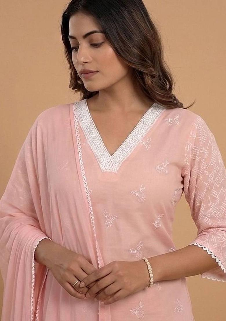 Pink Embroidery Cotton Kurta Set - Indya