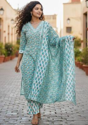 Blue Floral Print Cotton Kurta Set