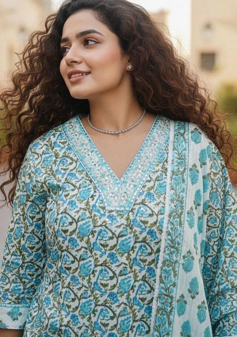 Blue Floral Print Cotton Kurta Set - Indya