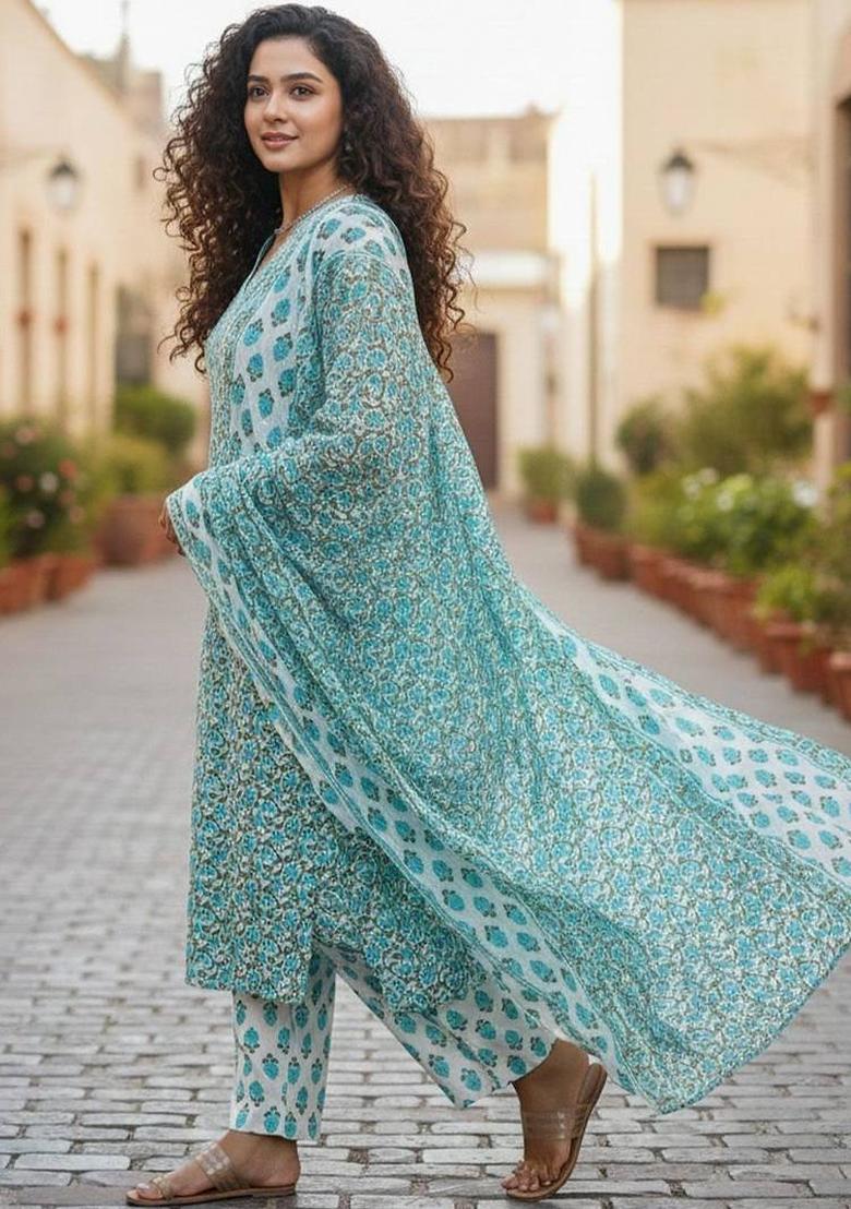 Blue Floral Print Cotton Kurta Set - Indya