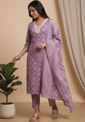Purple Floral Print Cotton Kurta Set