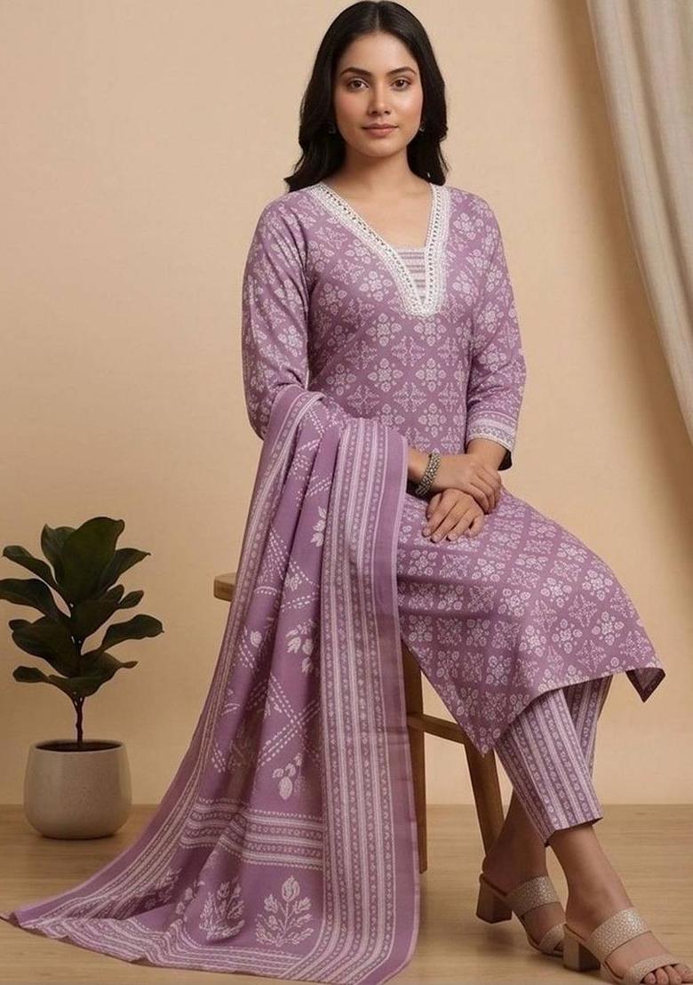 Purple Floral Print Cotton Kurta Set - Indya
