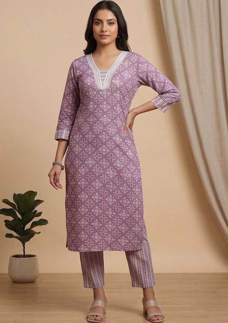Purple Floral Print Cotton Kurta Set - Indya