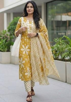 Yellow Floral Print Cotton Kurta Set