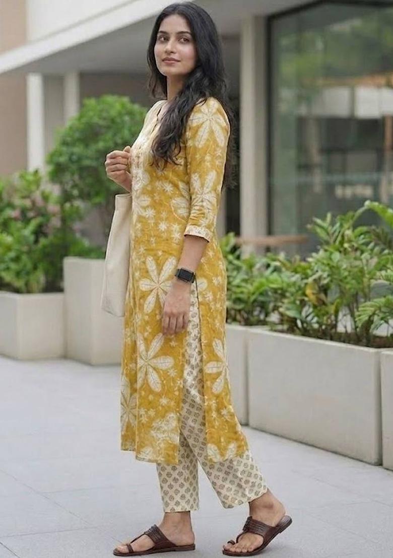 Yellow Floral Print Cotton Kurta Set - Indya