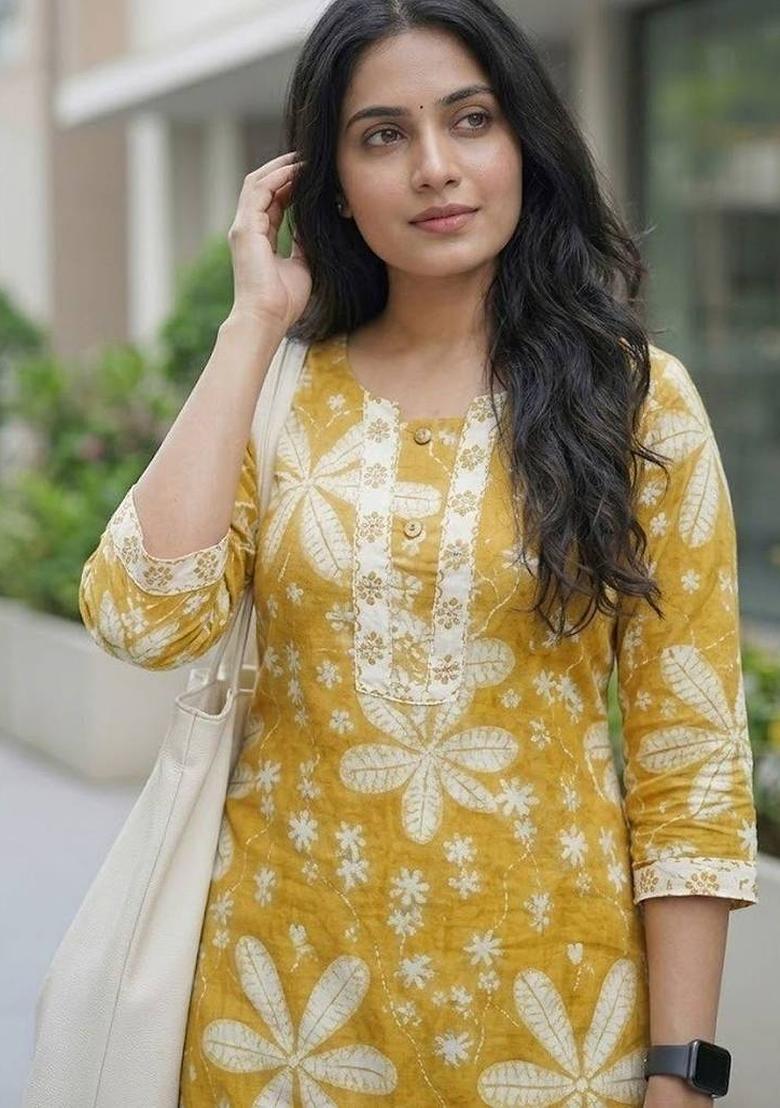 Yellow Floral Print Cotton Kurta Set - Indya