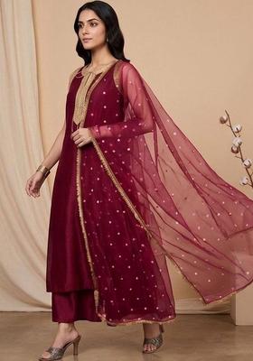 Maroon Embroidery Silk Kurta Set