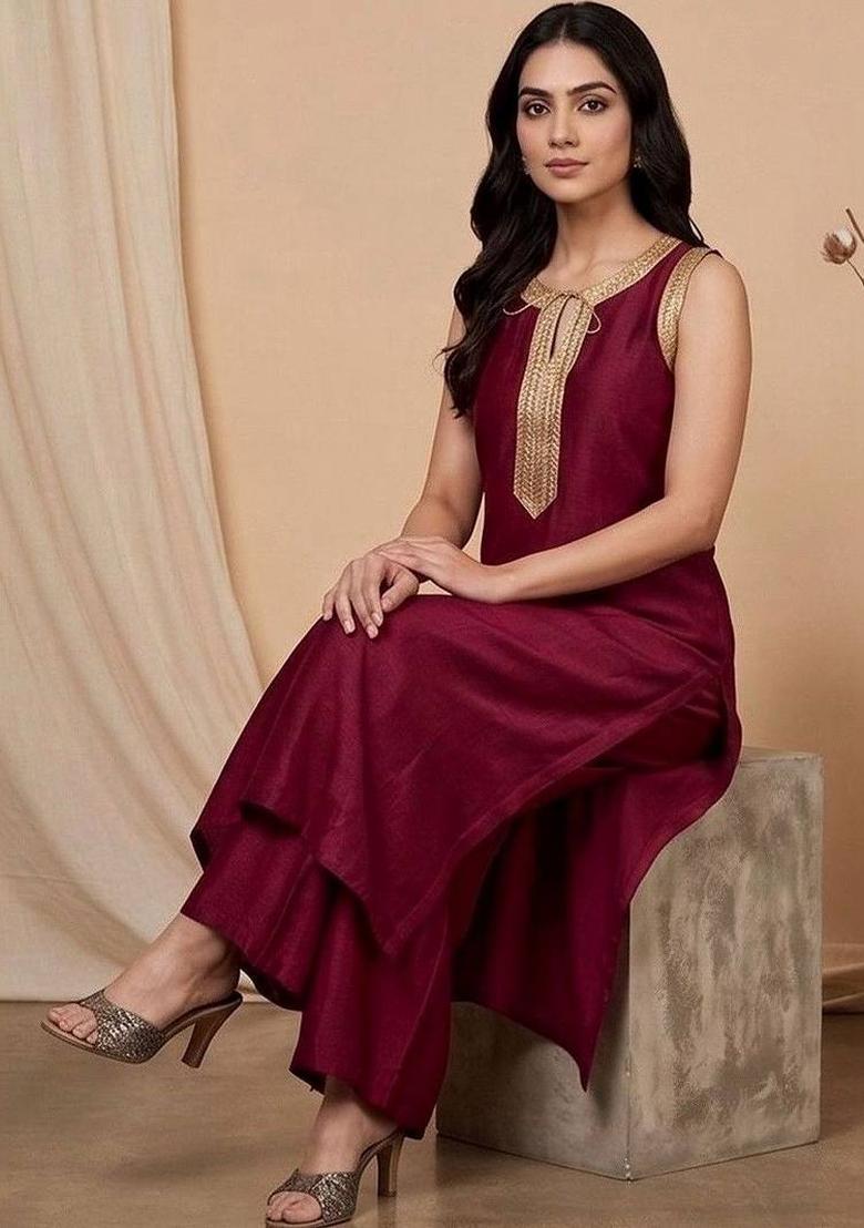 Maroon Embroidery Silk Kurta Set - Indya