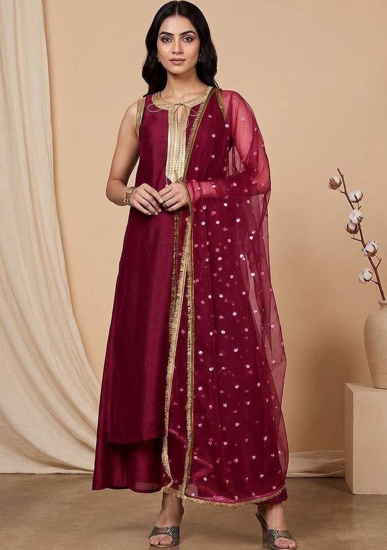 Maroon Embroidery Silk Kurta Set - Indya