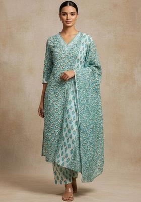 Turquoise Blue Floral Print Cotton Kurta Set