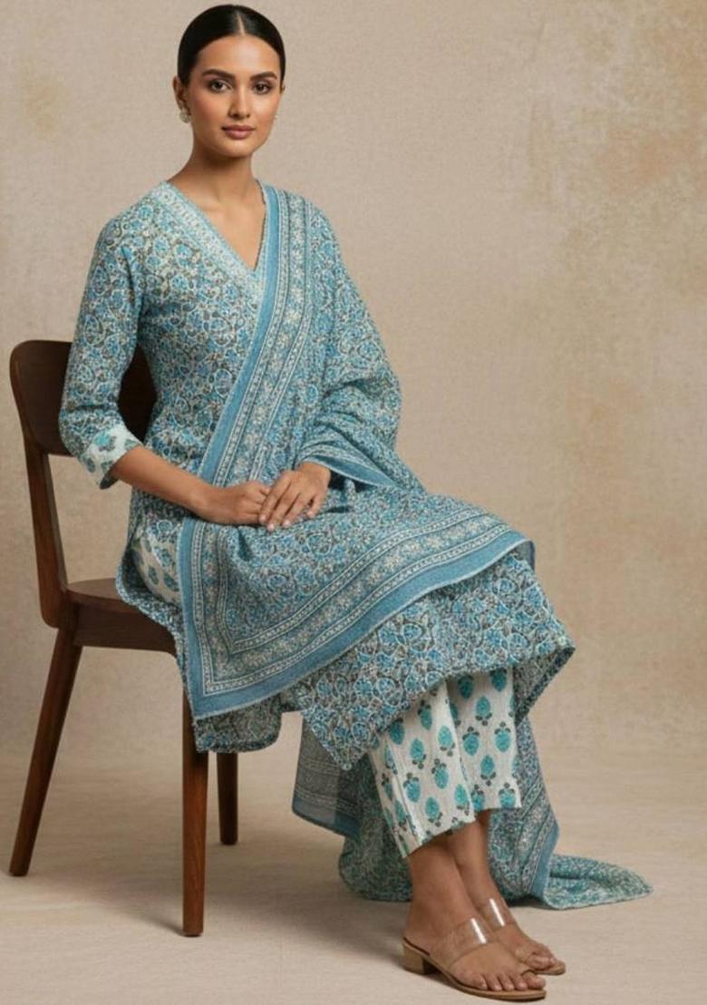 Turquoise Blue Floral Print Cotton Kurta Set - Indya