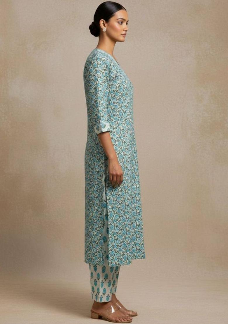 Turquoise Blue Floral Print Cotton Kurta Set - Indya