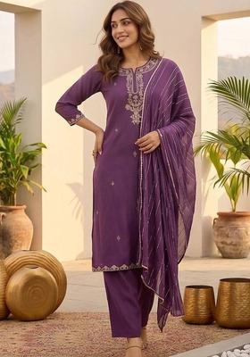 Purple Embroidery Silk Kurta Set