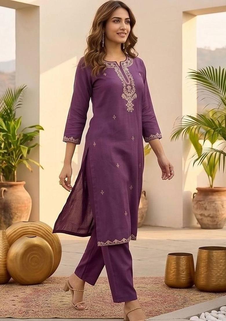 Purple Embroidery Silk Kurta Set - Indya