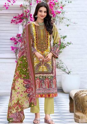 Mustard Floral Print Cotton Kurta Set