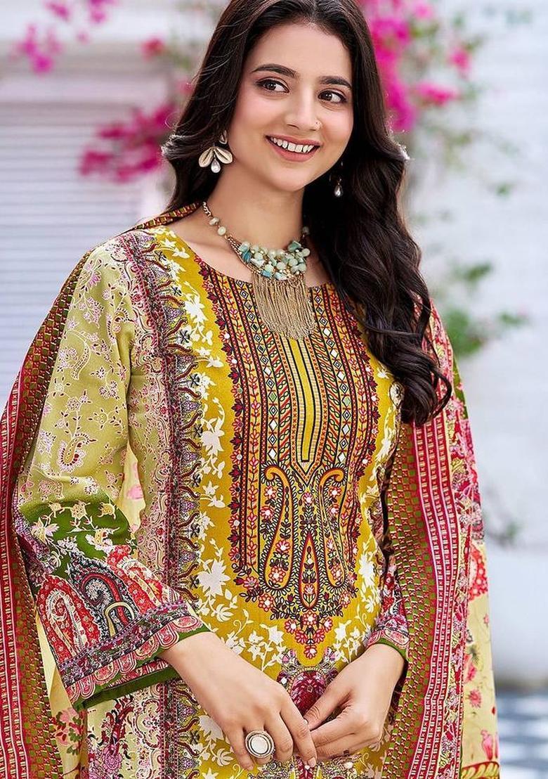 Mustard Floral Print Cotton Kurta Set - Indya