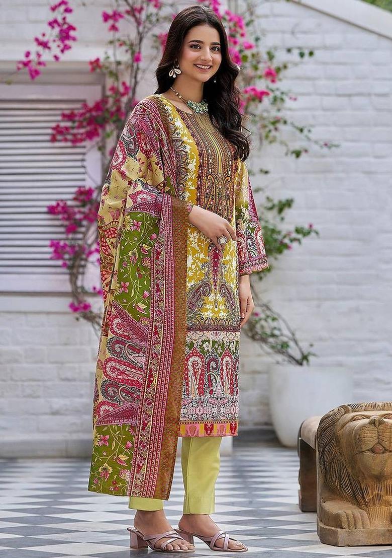 Mustard Floral Print Cotton Kurta Set - Indya