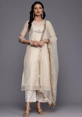 Off White Embroidery Silk Kurta Set