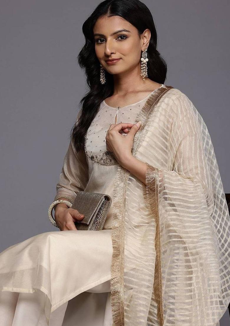 Off White Embroidery Silk Kurta Set - Indya
