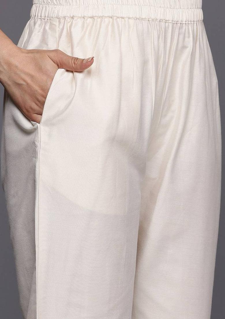 Off White Embroidery Silk Kurta Set - Indya
