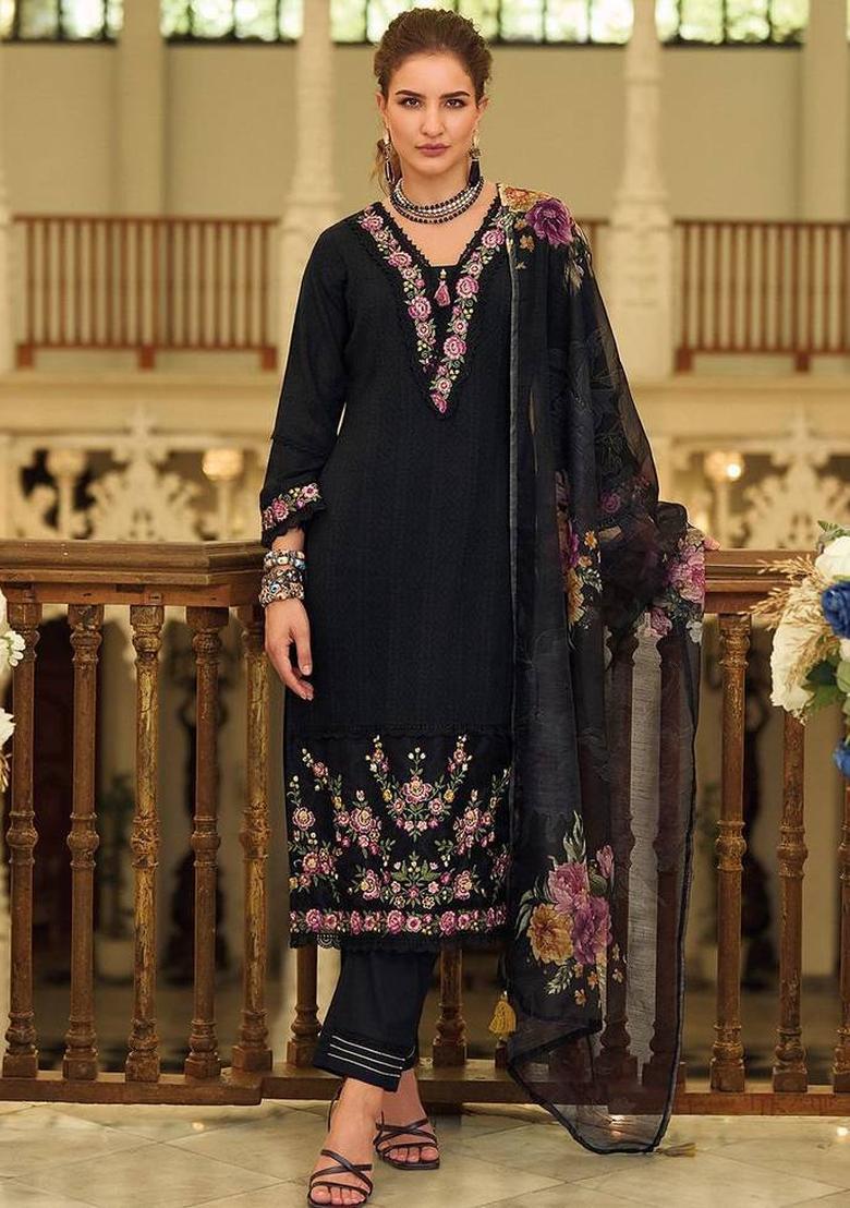 Black Embroidery Cotton Kurta Set - Indya