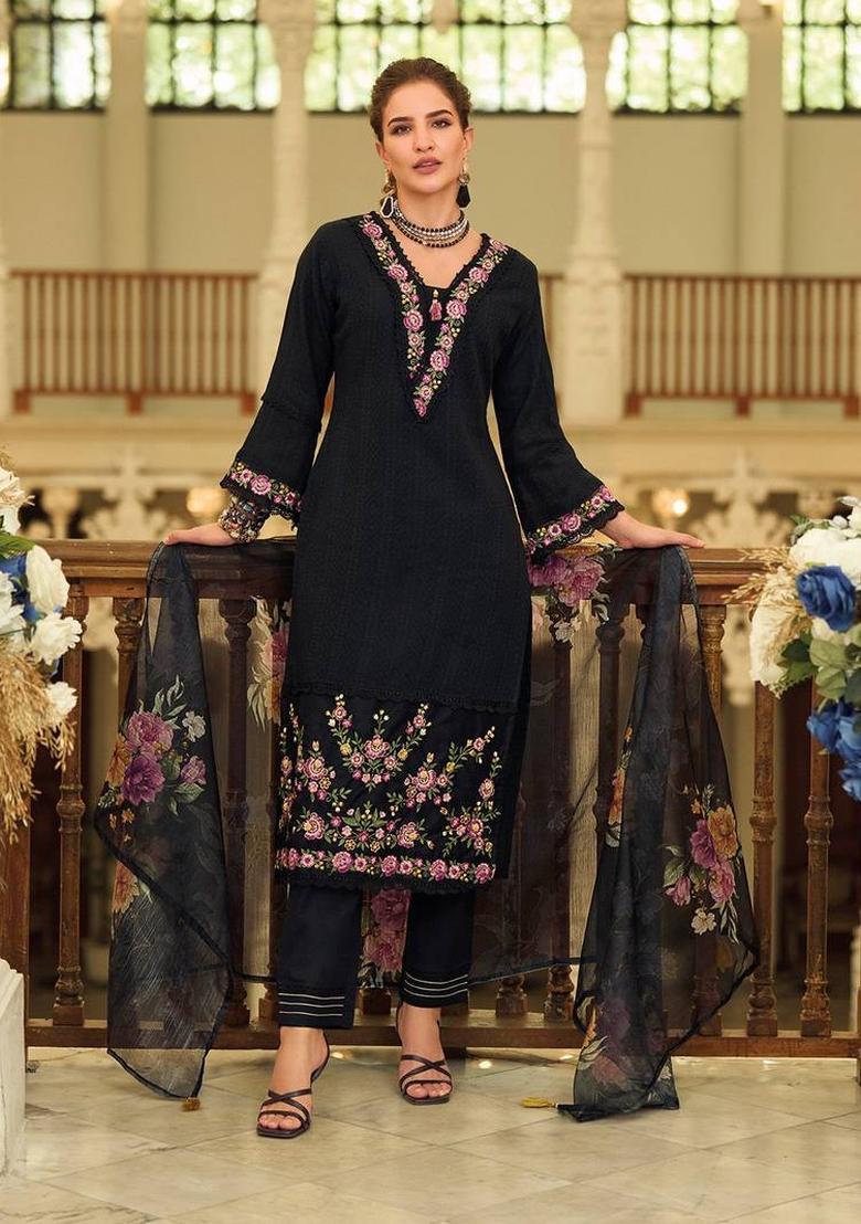 Black Embroidery Cotton Kurta Set - Indya
