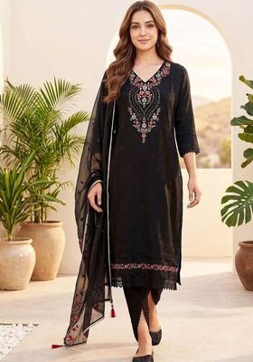 Black Embroidery Silk Kurta Set