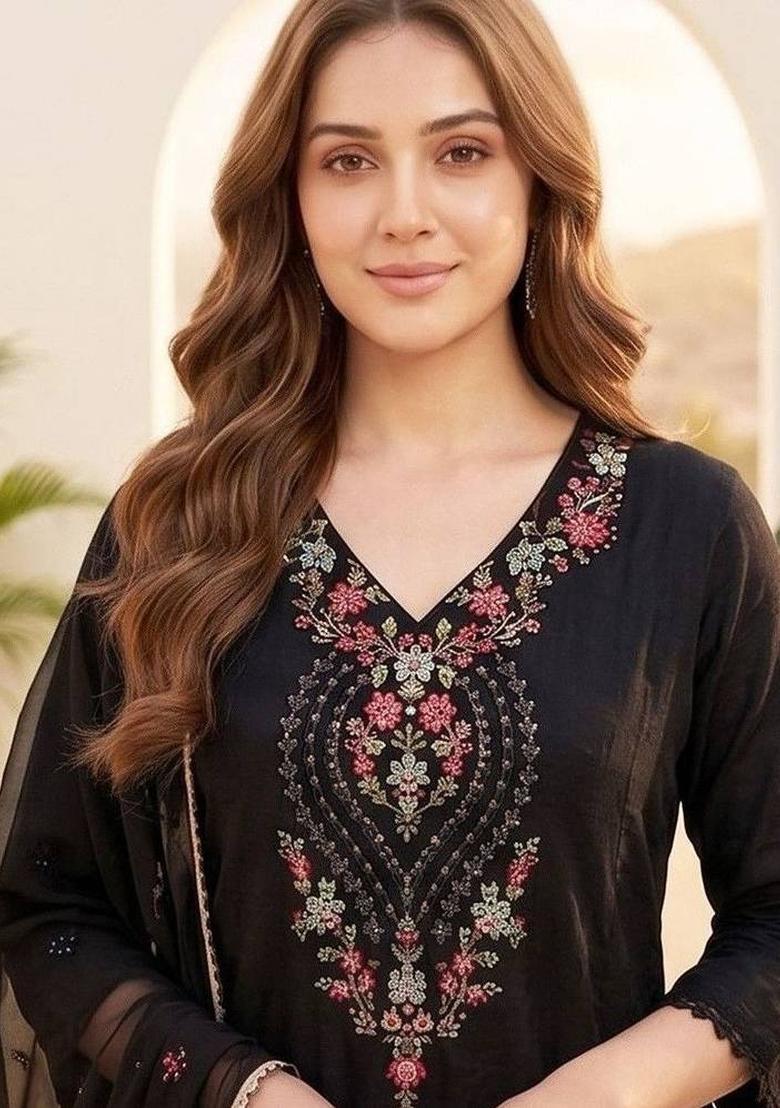Black Embroidery Silk Kurta Set - Indya